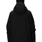 Men's black shell jacket with hood, back view, full coverage, elastic cuffs