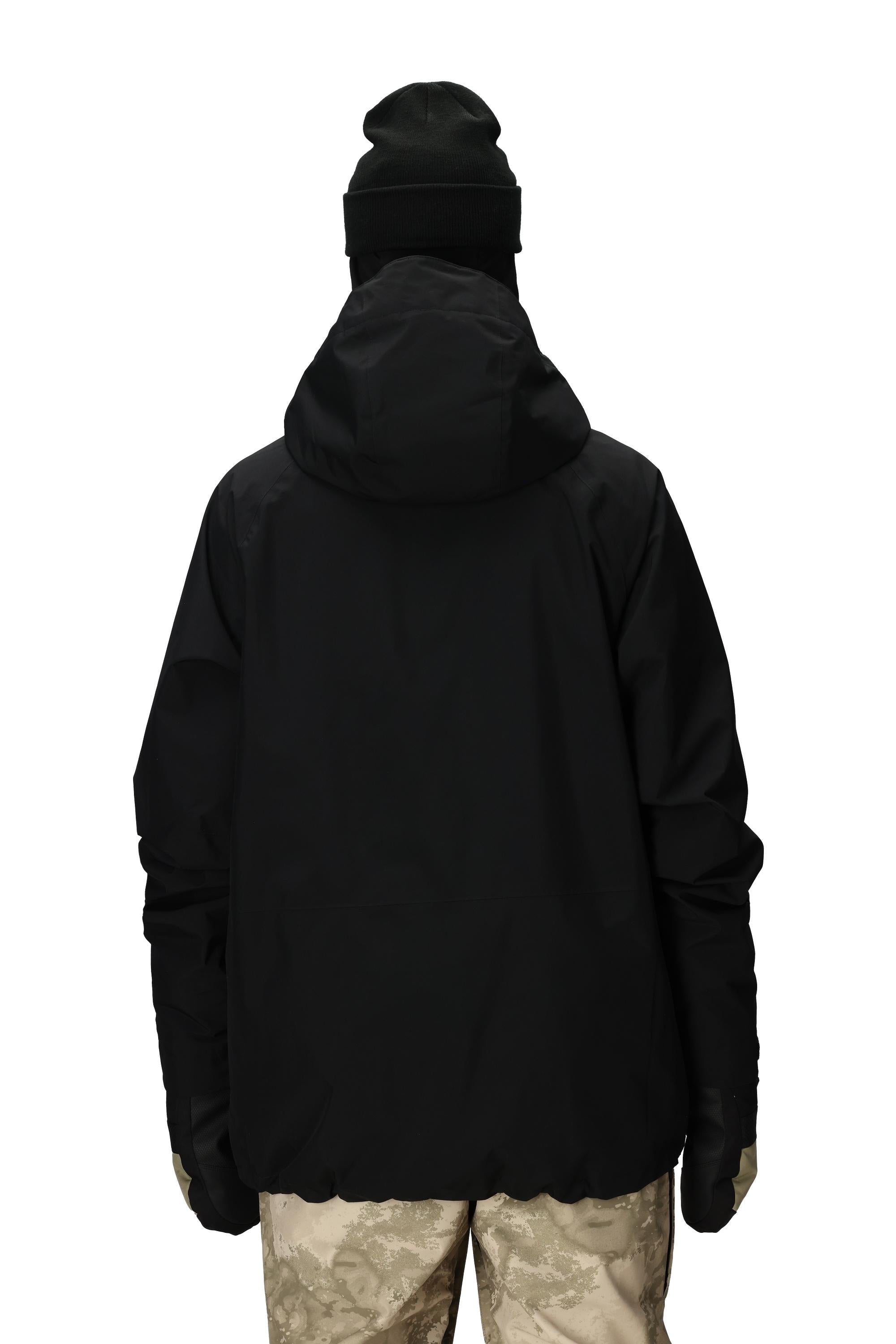 Men's black shell jacket with hood, back view, full coverage, elastic cuffs