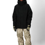 Men's black shell jacket with hood, front zipper, elastic cuffs, hand pockets