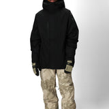Men's black shell jacket with hood, front zipper, elastic cuffs, hand pockets