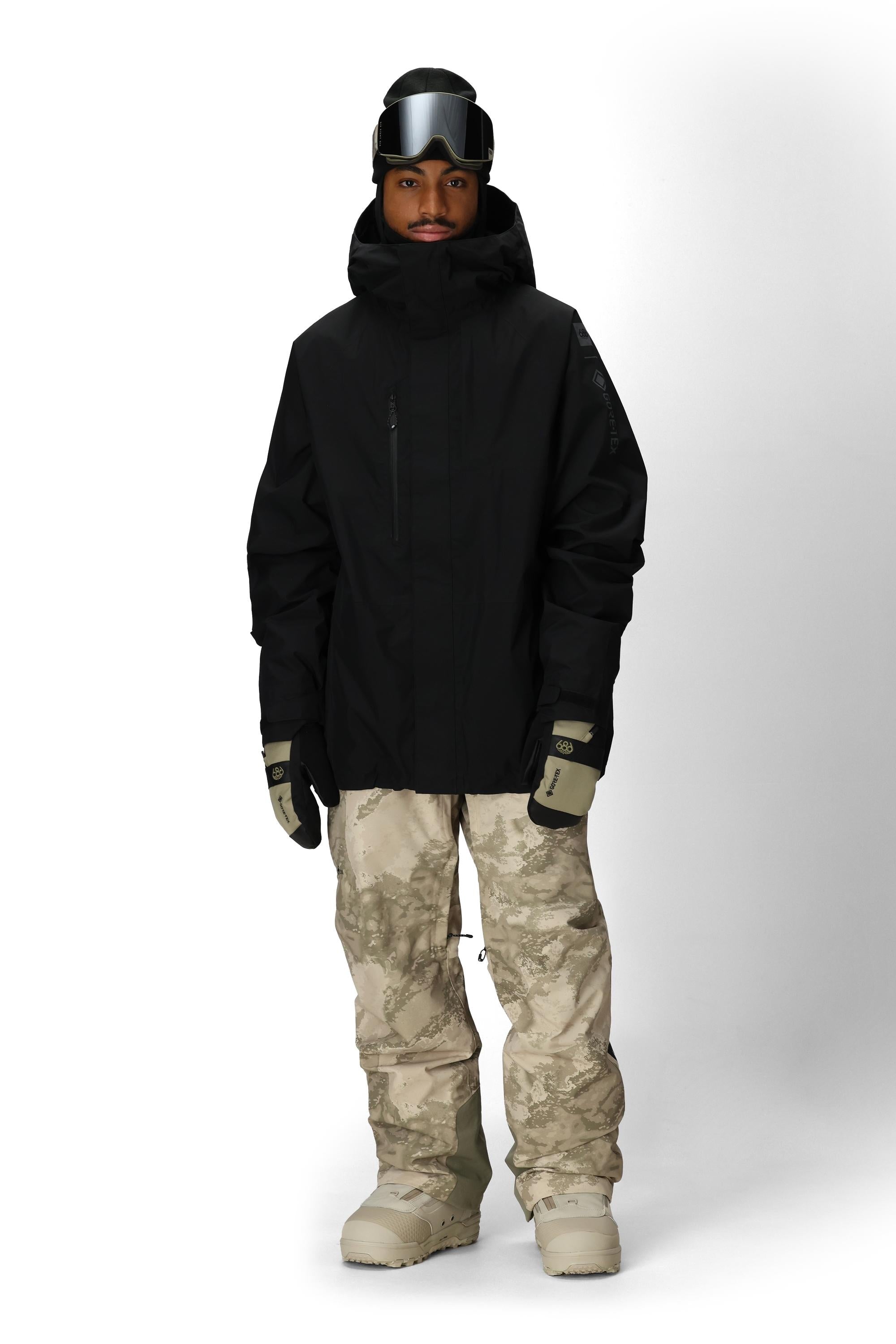 Men's black shell jacket with hood, front zipper, elastic cuffs, hand pockets