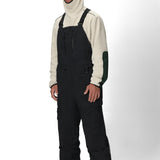 Men's black bib overalls with adjustable suspenders, knee panels, and front zipper