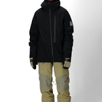 Black hooded winter jacket with full-zip, storm flap, and hand pockets