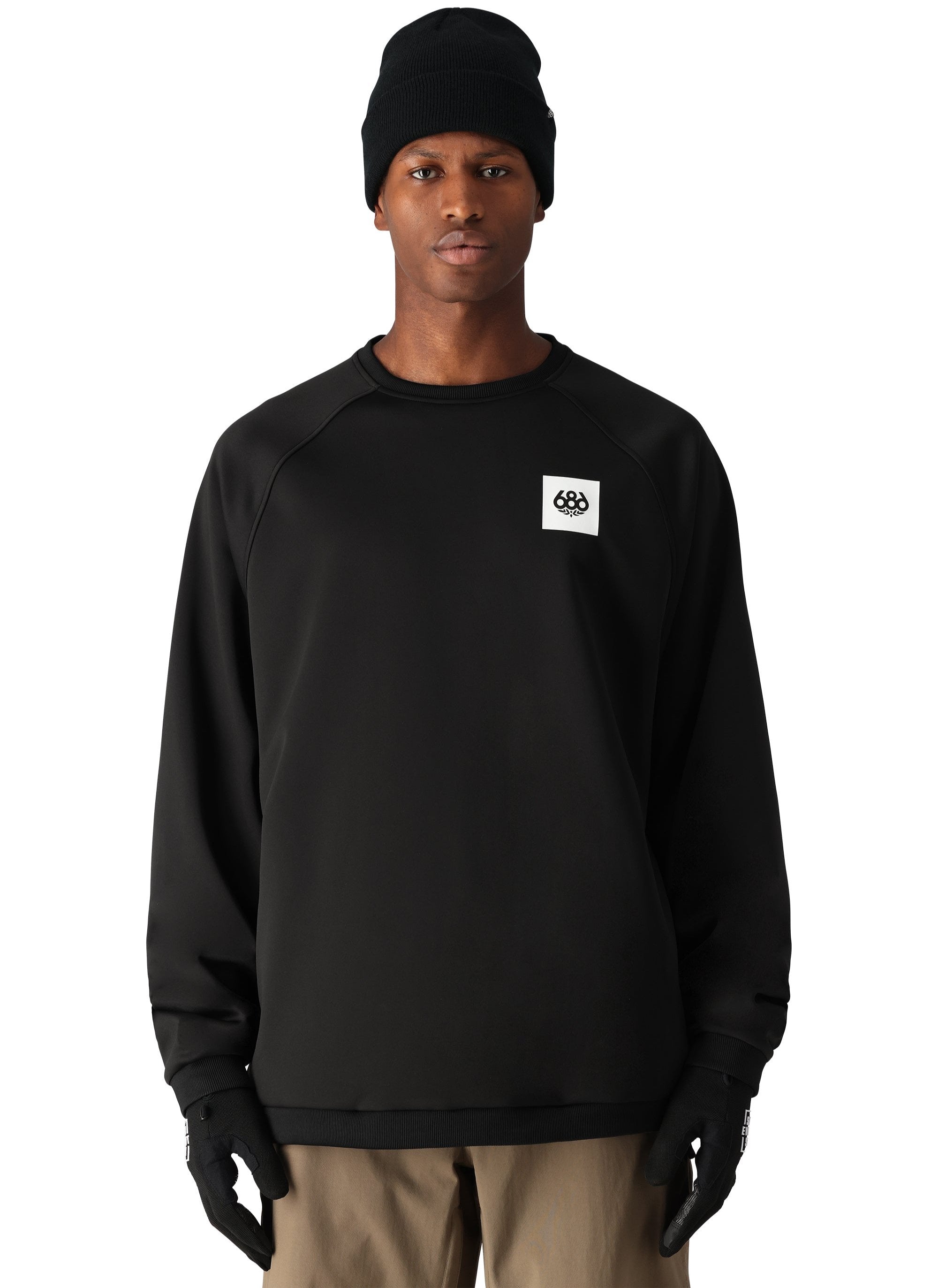 The 686 Men's Bonded Fleece Crew 2025 features a dark grey color with a white logo on the chest.