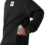 The 686 Men's Bonded Fleece Crew 2025 is primarily black with an off-white logo on the upper left chest and a ribbed crew neckline.