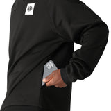 The 686 Men's Bonded Fleece Crew 2025 is primarily black with an off-white logo on the upper left chest and a ribbed crew neckline.