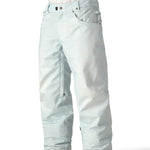 The 686 Deconstructed Denim Insulated Pant 2025 is light blue with an adjustable waistband and multiple pockets.