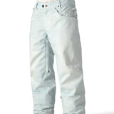 The 686 Deconstructed Denim Insulated Pant 2025 is light blue with an adjustable waistband and multiple pockets.