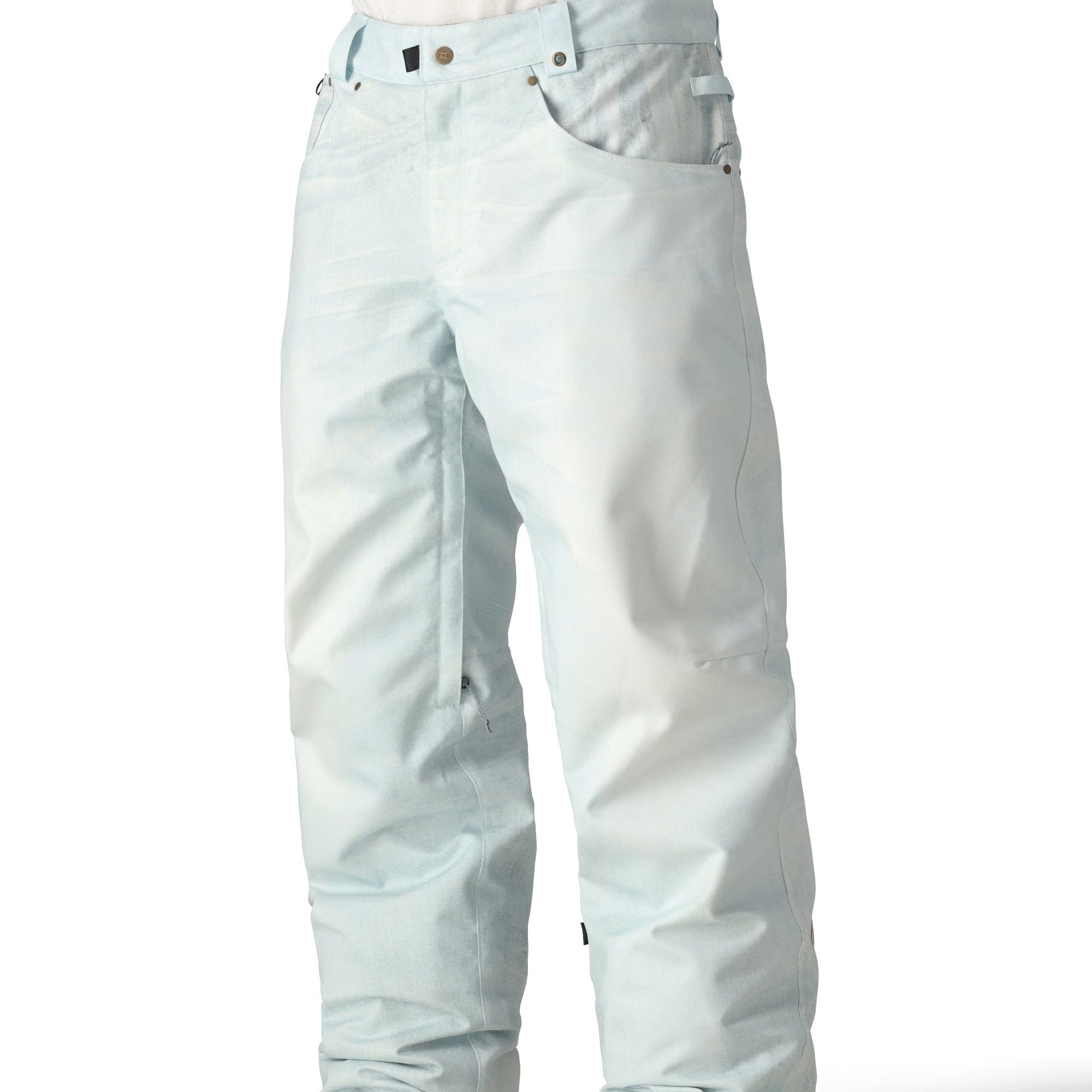 The 686 Deconstructed Denim Insulated Pant 2025 is light blue with an adjustable waistband and multiple pockets.