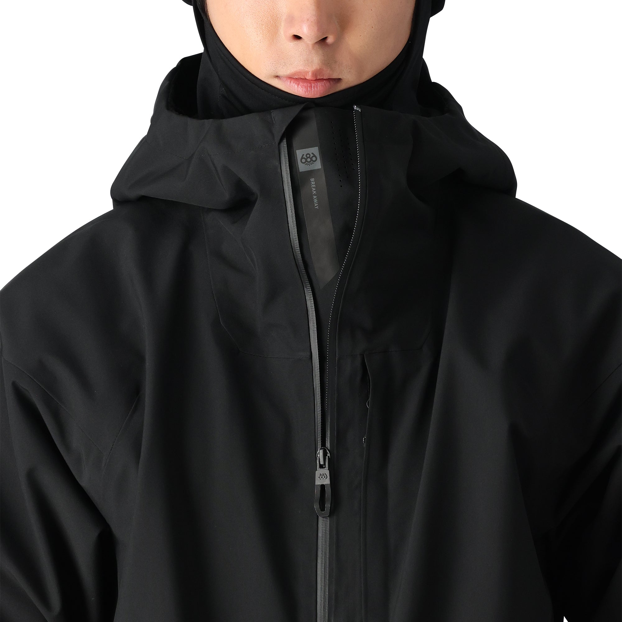 The 686 Gateway Shell Jacket 2025 is black with an insulated hood and a zippered front.