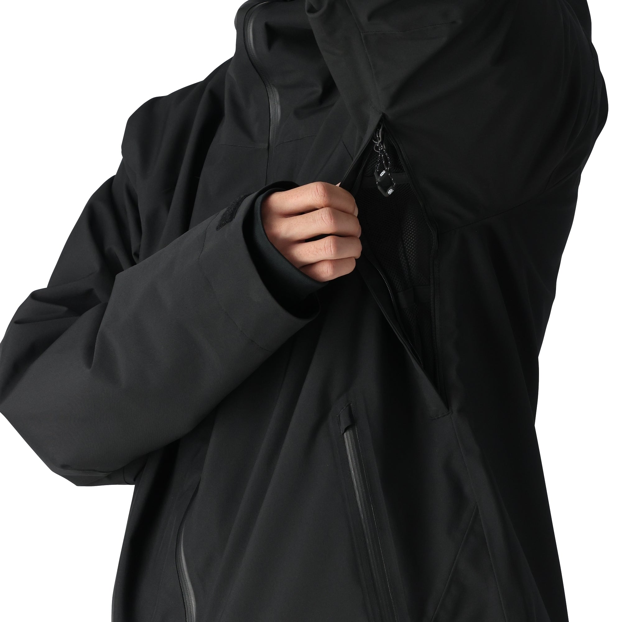 The 686 Gateway Shell Jacket 2025 is black with an insulated hood and a zippered front.