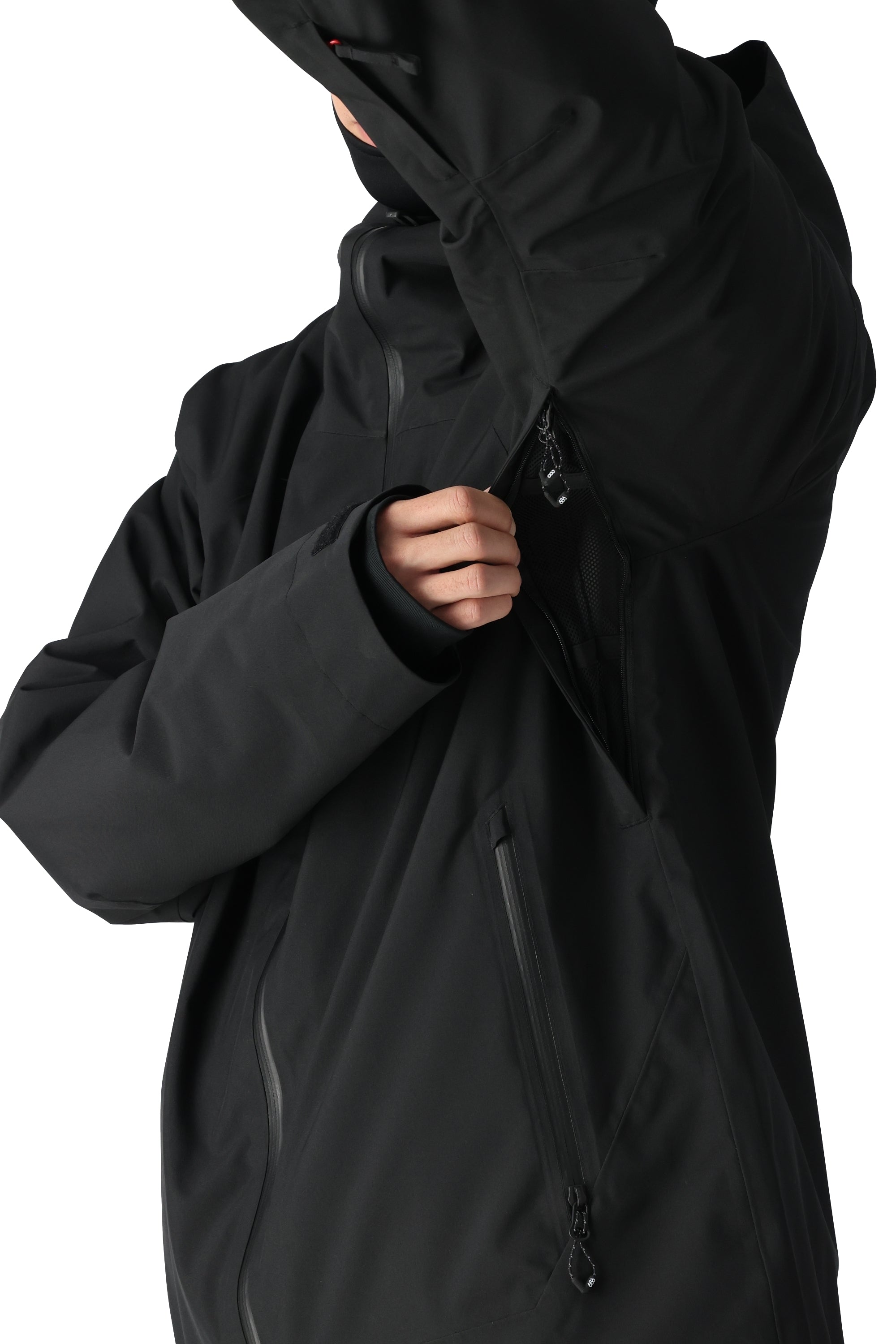 The 686 Gateway Shell Jacket 2025 is black with an insulated hood and a zippered front.