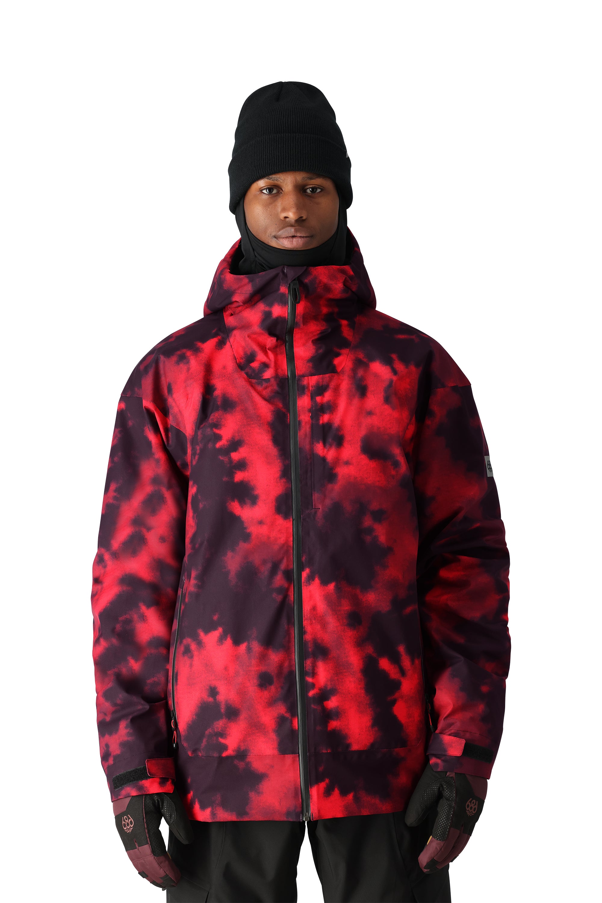 The 686 Gateway Shell Jacket 2025 in this front view has a red and black tie-dye pattern.