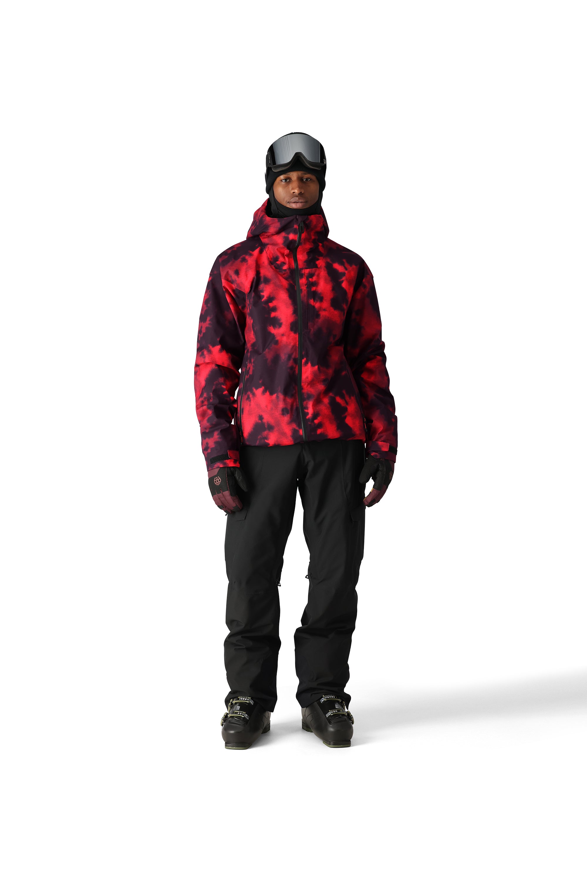 The 686 Gateway Shell Jacket 2025 is red and black with an abstract pattern.