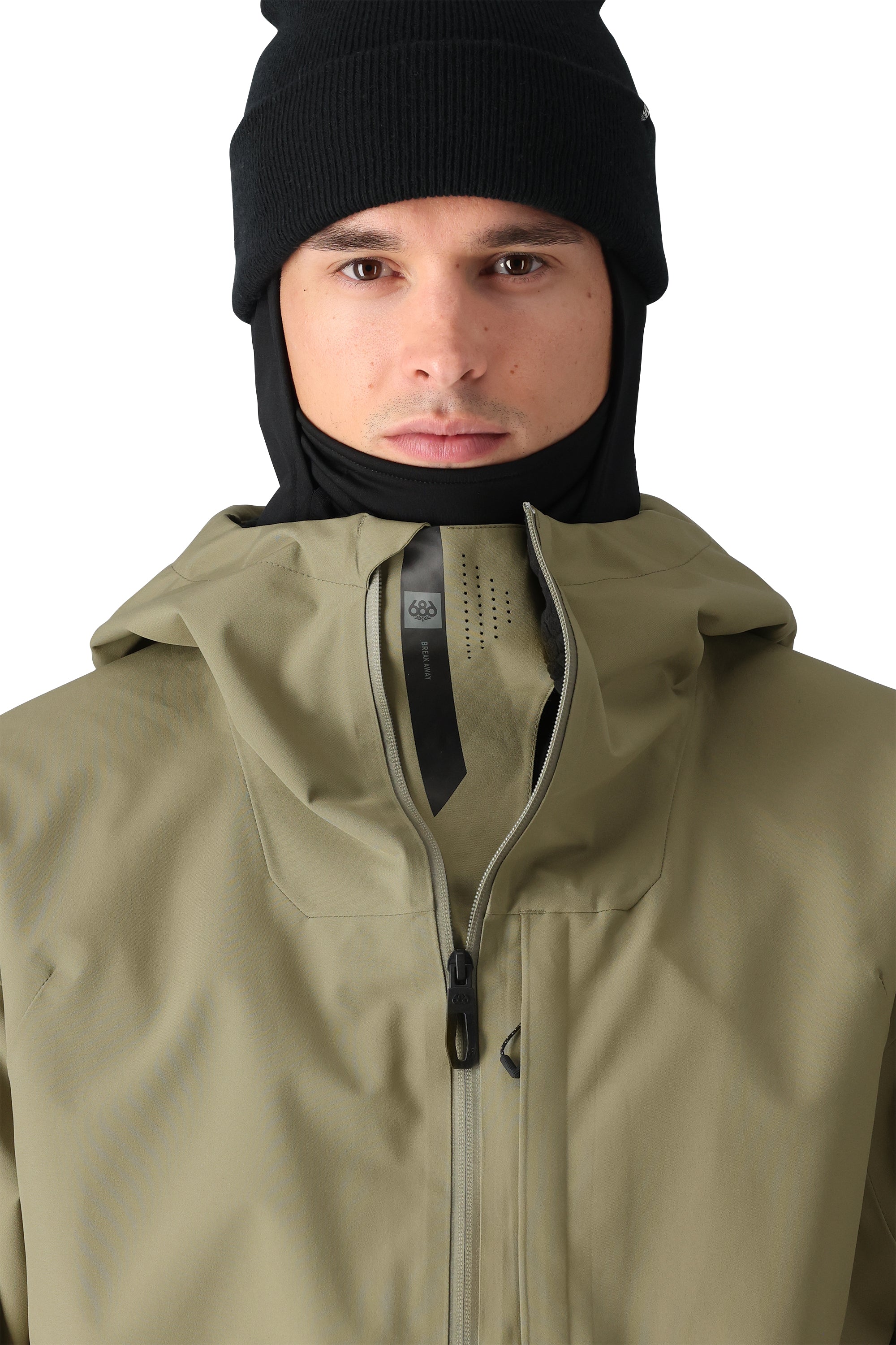The 686 Gateway Shell Jacket 2025 is showcased in this image, featuring a light brown color with an insulated hood and a front zipper.