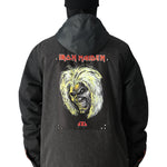 The black 686 Iron Maiden Insulated Battle Jacket features an Iron Maiden logo on the front and has a hood.
