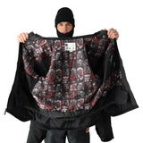 The 686 Iron Maiden Insulated Battle Jacket 2025 is predominantly black with red accents and features an all-over print of the band's logo.