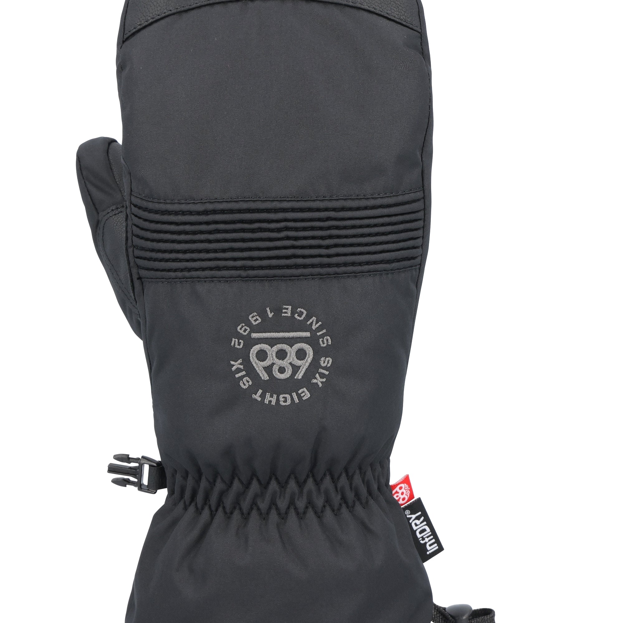 The 686 brand Lander mitt is black with an insulated hood and a pull tab.