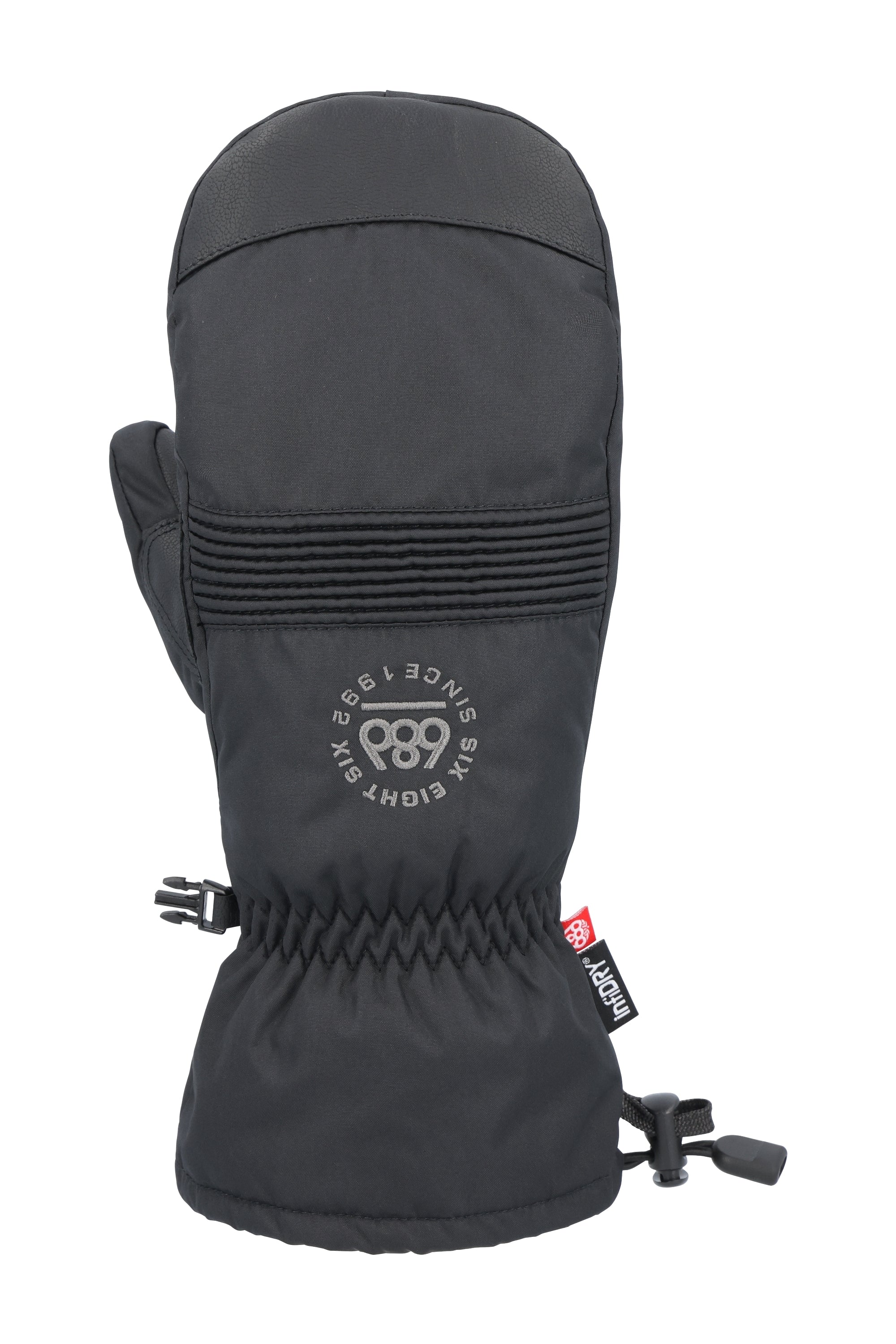 The 686 brand Lander mitt is black with an insulated hood and a pull tab.