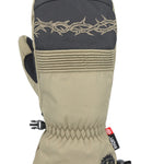 The 686 Men's Lander Mitt 2025 is primarily tan with a black leather cuff and an embroidered twined rope design at the top.