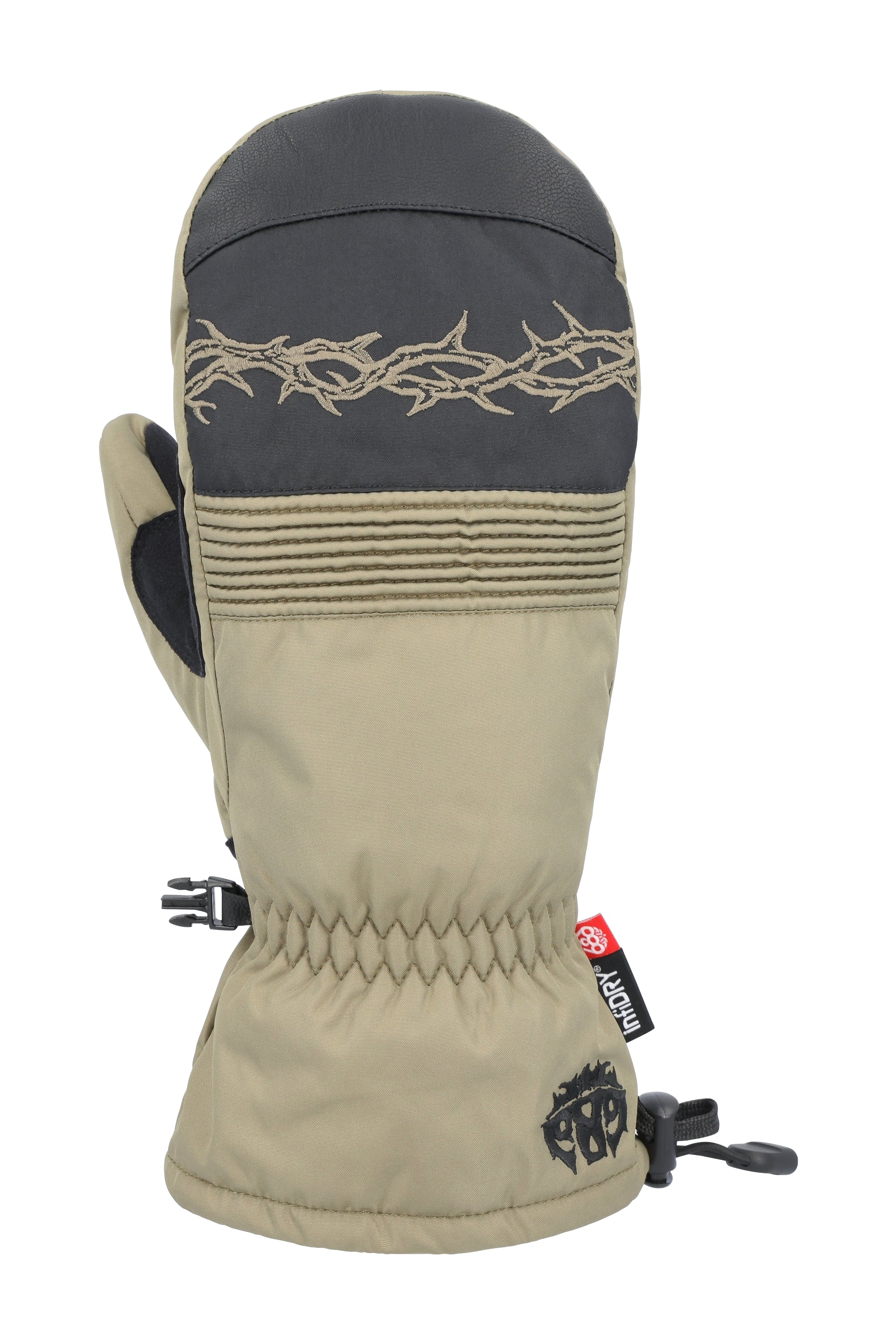 The 686 Men's Lander Mitt 2025 is primarily tan with a black leather cuff and an embroidered twined rope design at the top.