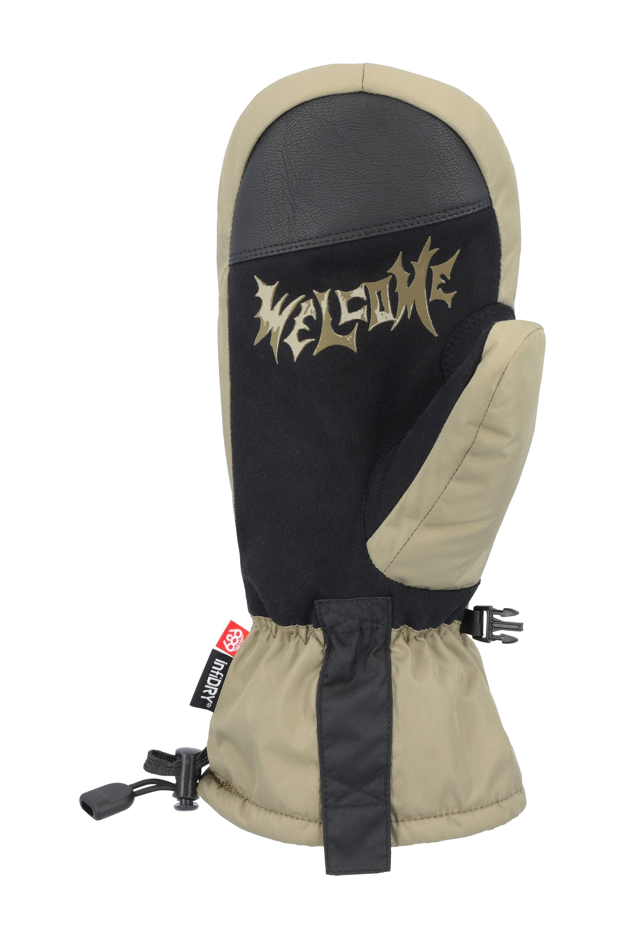 The 686 Men's Lander Mitt 2025 has a black palm with khaki-colored accents and trim.