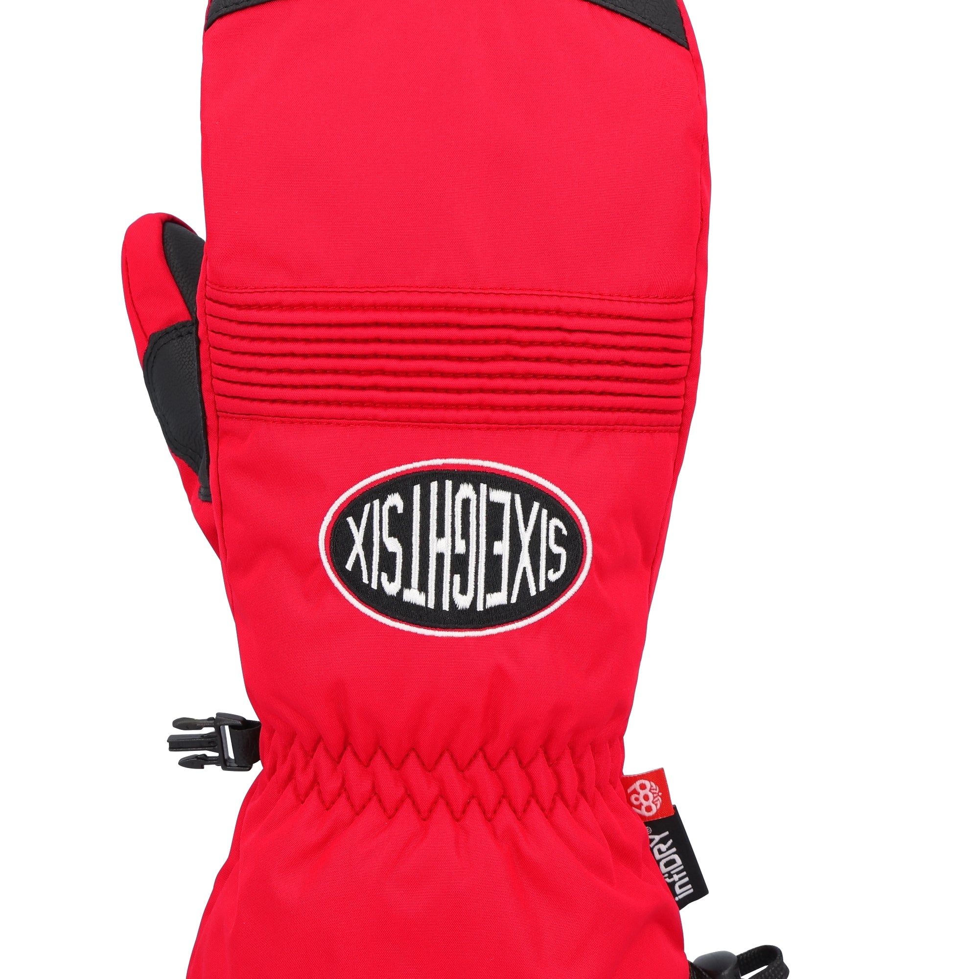 The 686 Men's Lander Mitt 2025 is primarily red with black accents and a black BOA dial on the cuff.