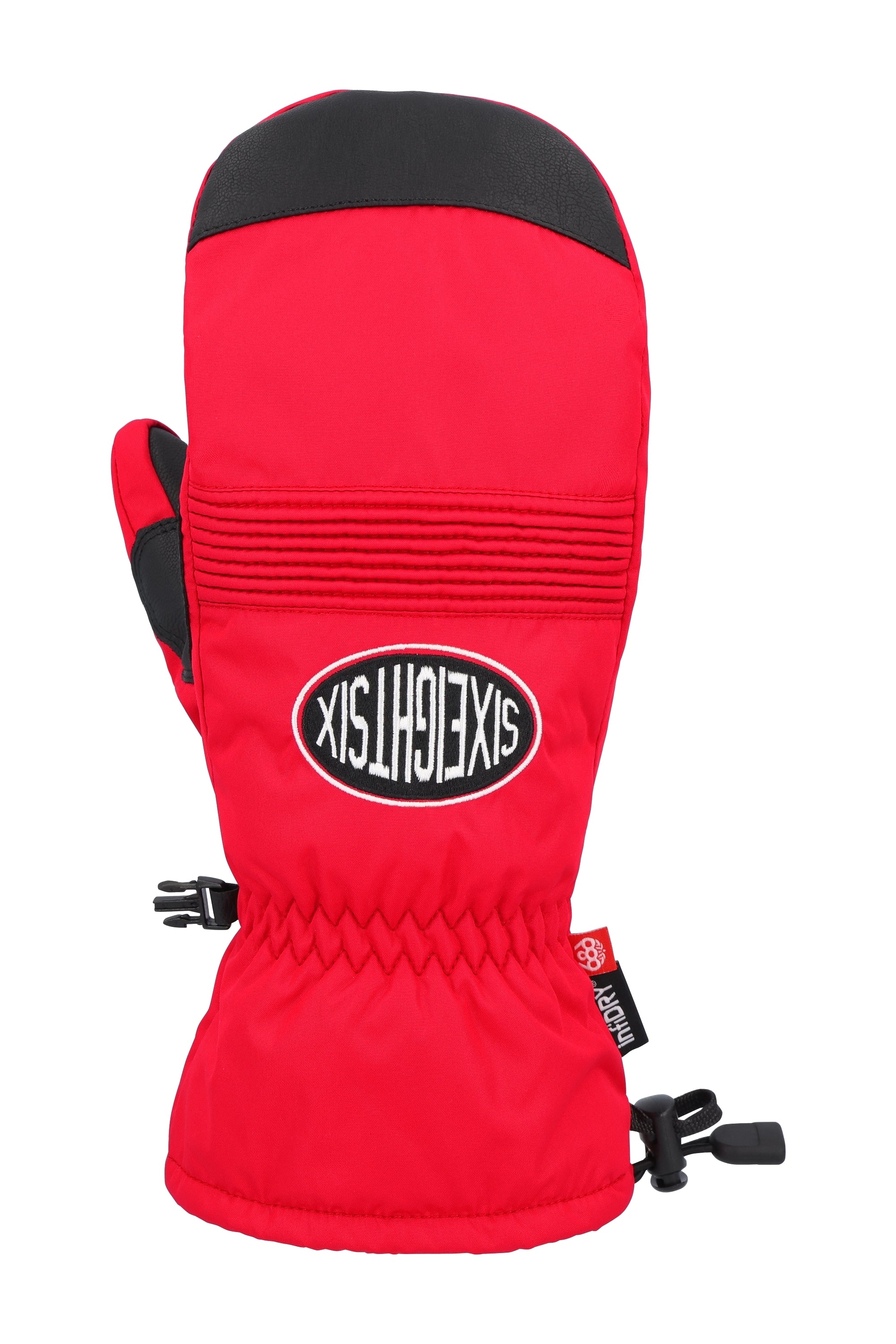 The 686 Men's Lander Mitt 2025 is primarily red with black accents and a black BOA dial on the cuff.