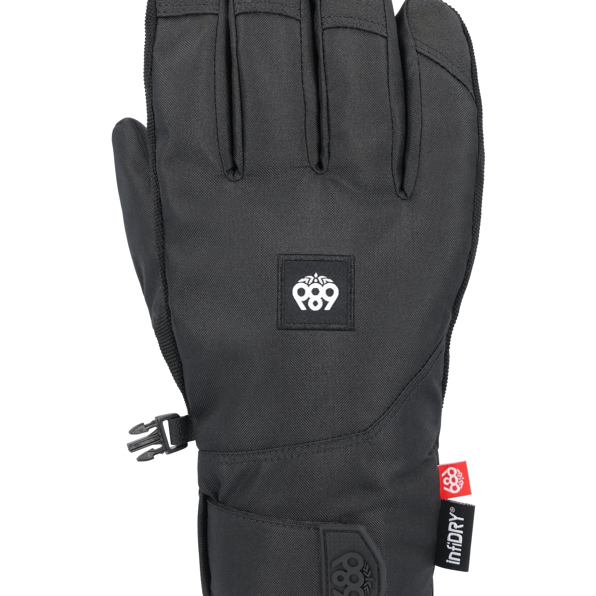 The 686 Men's Primer Glove 2025 is black with a distinctive red logo patch on the wrist.