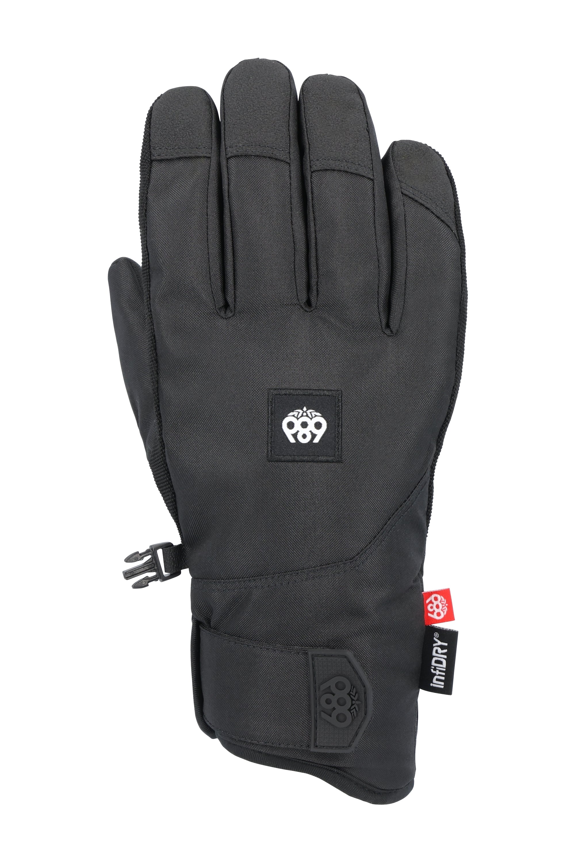 The 686 Men's Primer Glove 2025 is black with a distinctive red logo patch on the wrist.