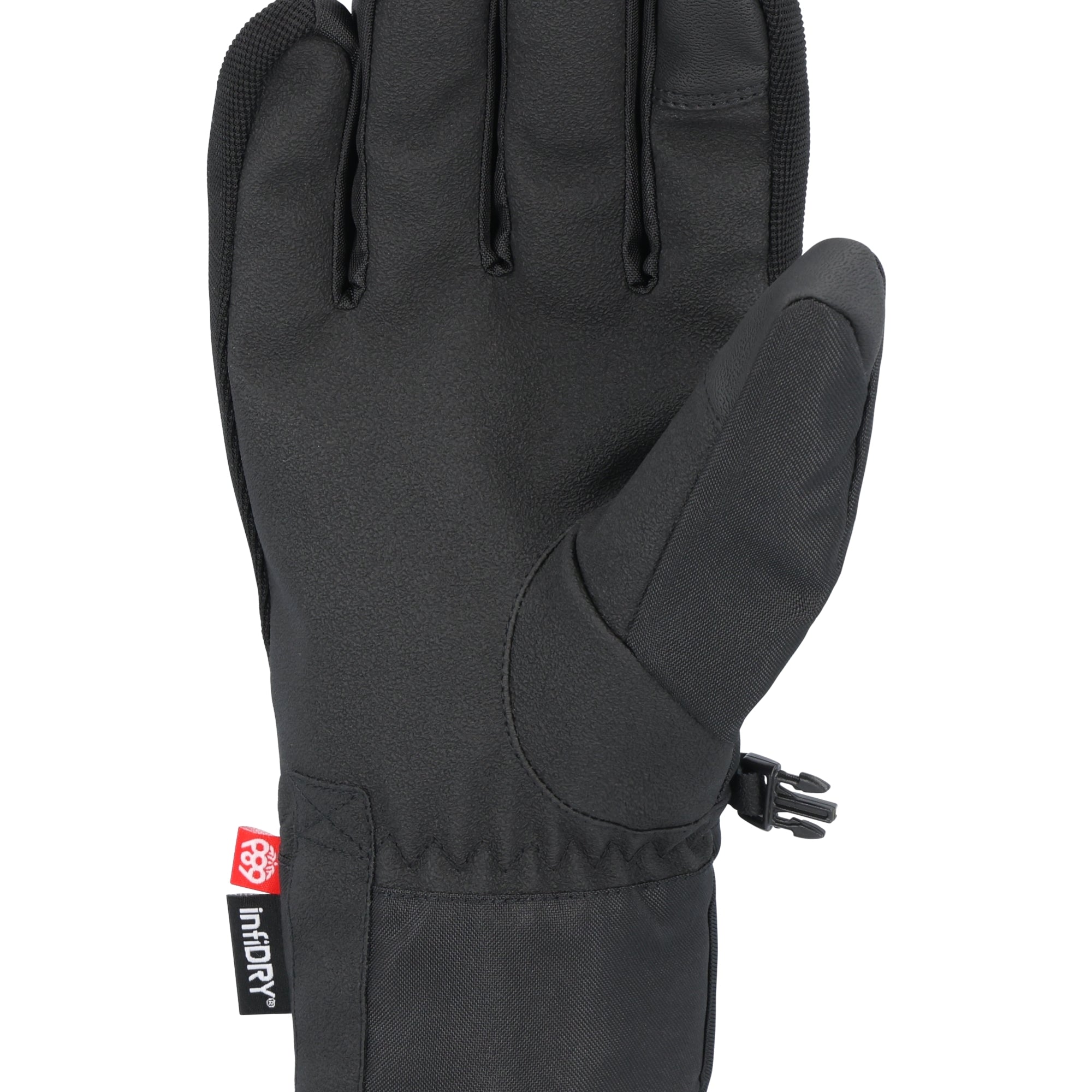 The 686 Primer Glove has a black palm and thumb with a black strap at the wrist.