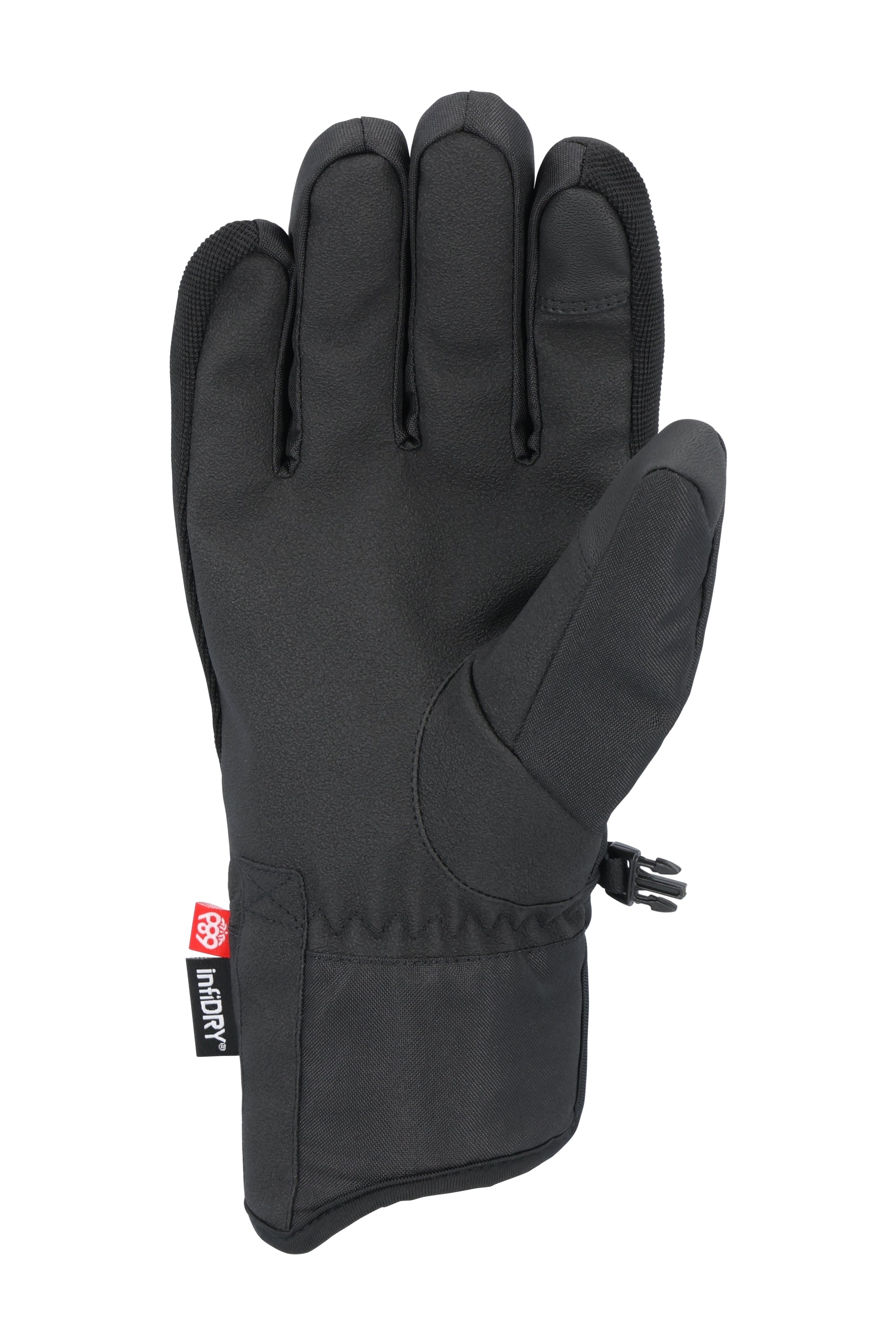 The 686 Primer Glove has a black palm and thumb with a black strap at the wrist.