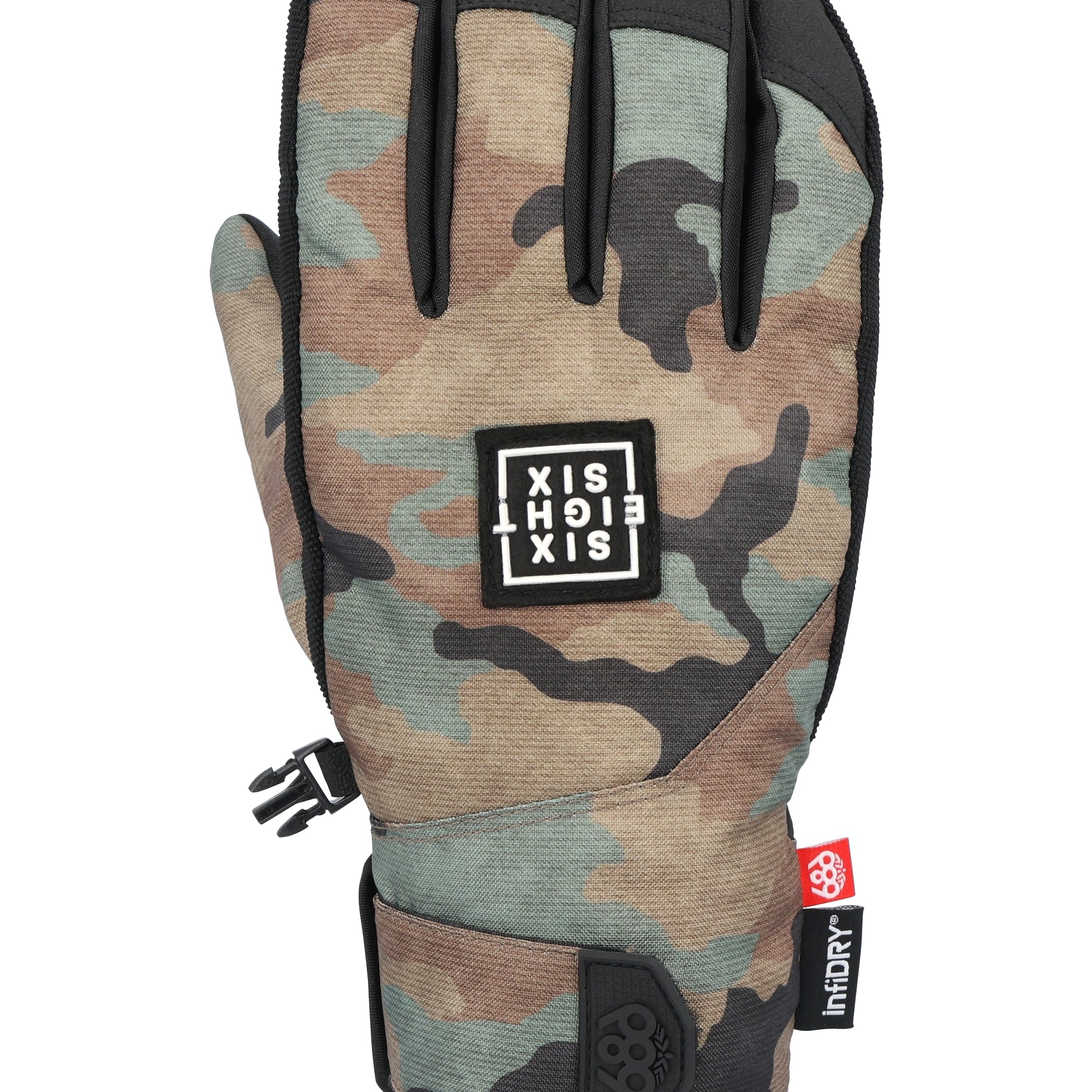 The 686 Men's Primer Glove 2025 is camo-colored with black accents and a BOA dial on the wrist.