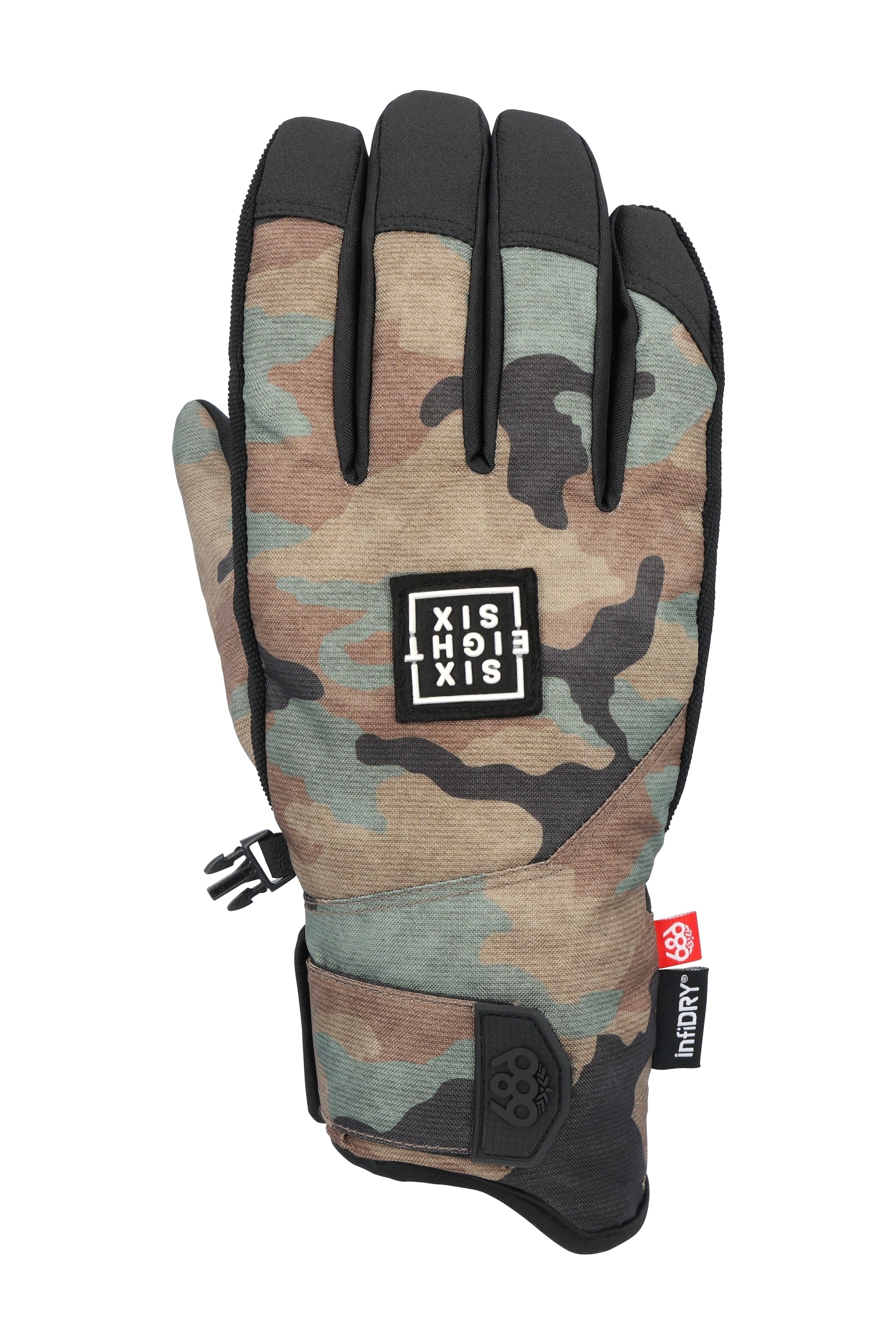 The 686 Men's Primer Glove 2025 is camo-colored with black accents and a BOA dial on the wrist.