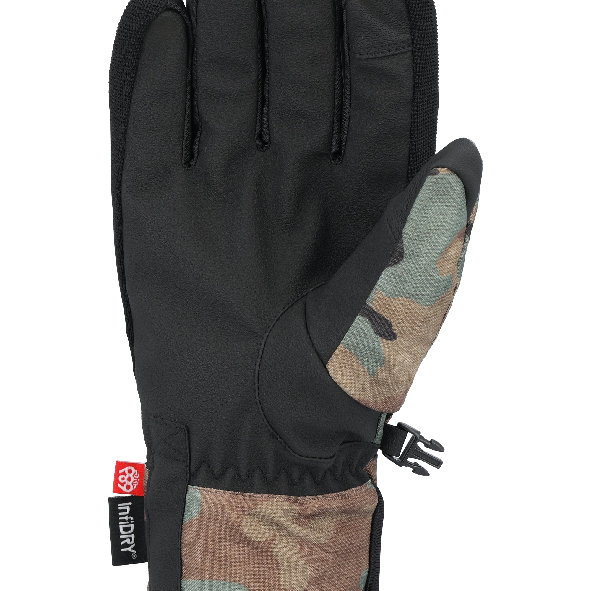 The 686 Primer Glove in black with a camouflage pattern on the wrist and cuff.