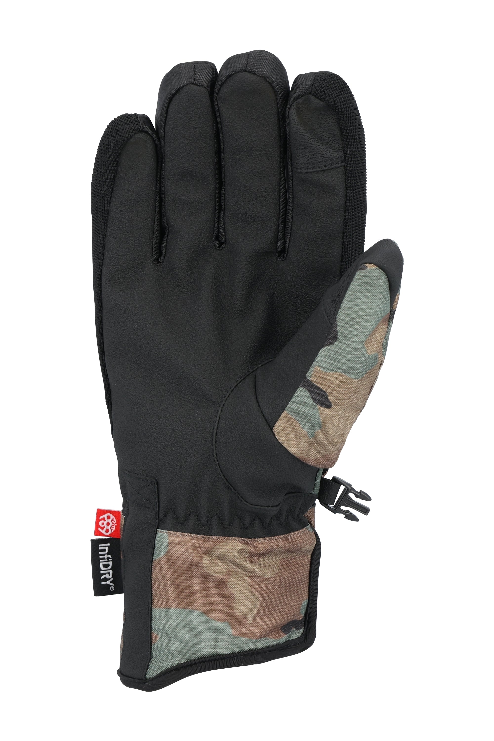 The 686 Primer Glove in black with a camouflage pattern on the wrist and cuff.
