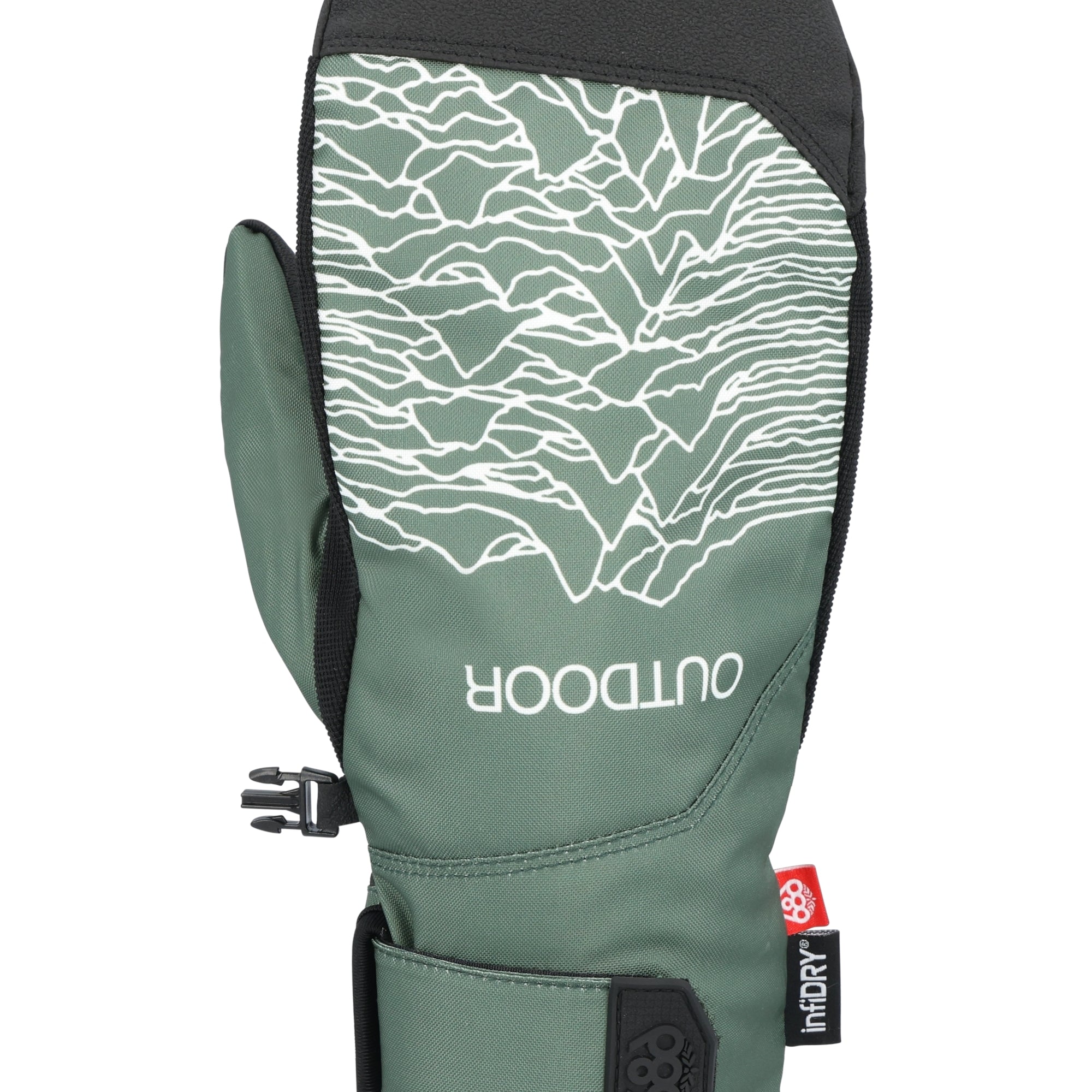 The 686 Men's Primer Mitt 2025 is primarily green with a black cuff and thumb guard.