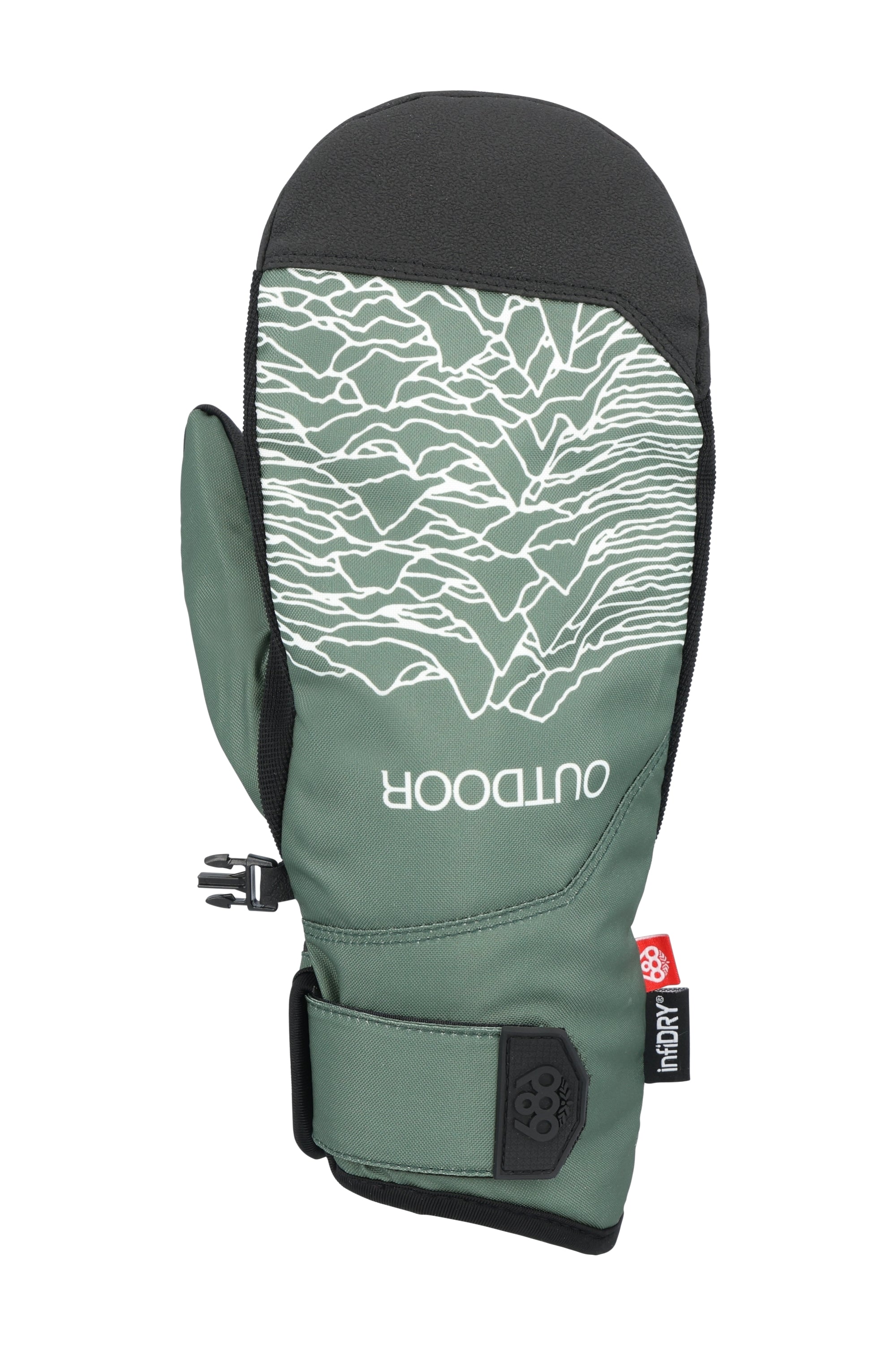 The 686 Men's Primer Mitt 2025 is primarily green with a black cuff and thumb guard.