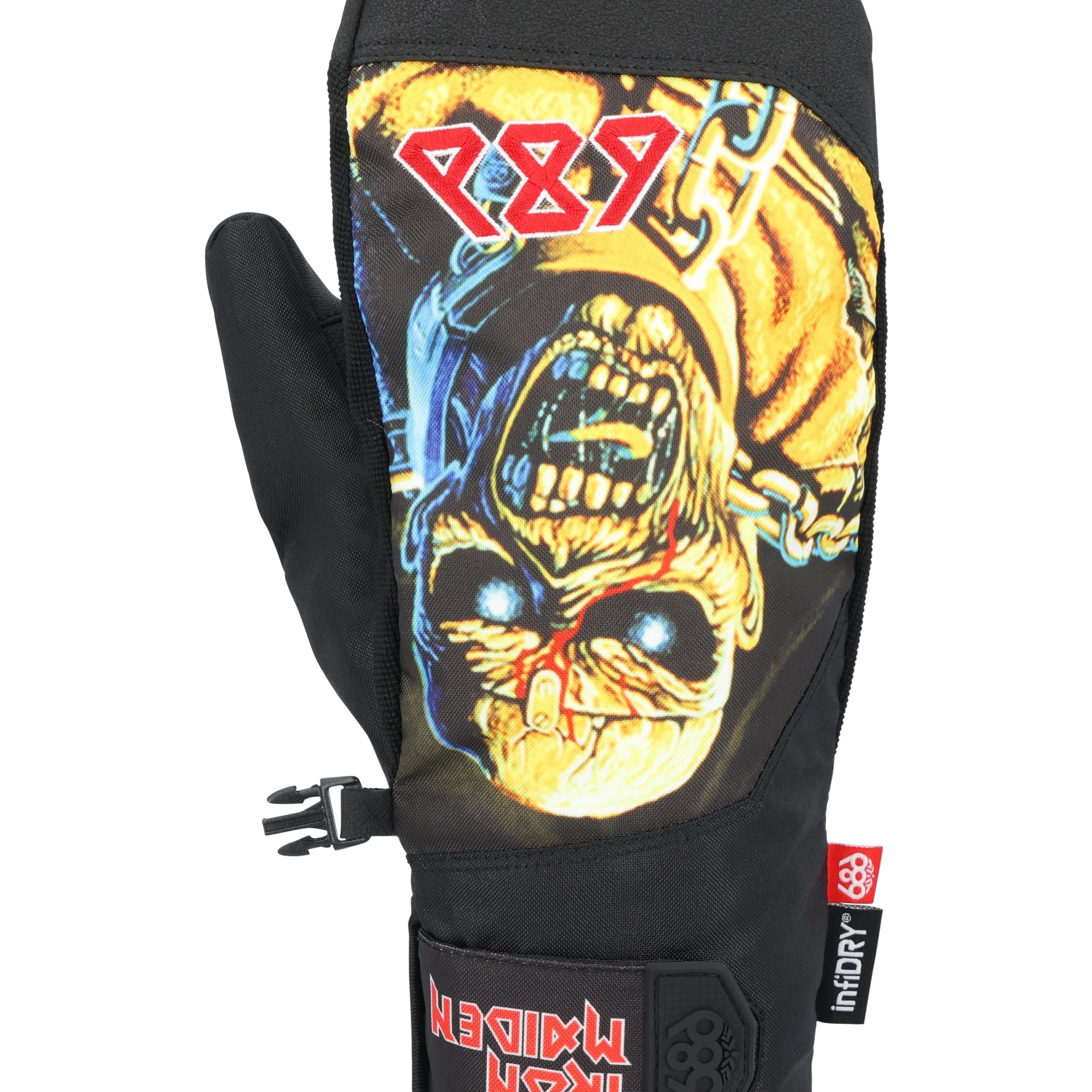 The 686 Primer Mitt 2025 has a black upper shell with a graphic of a man wearing goggles and a helmet on its front.