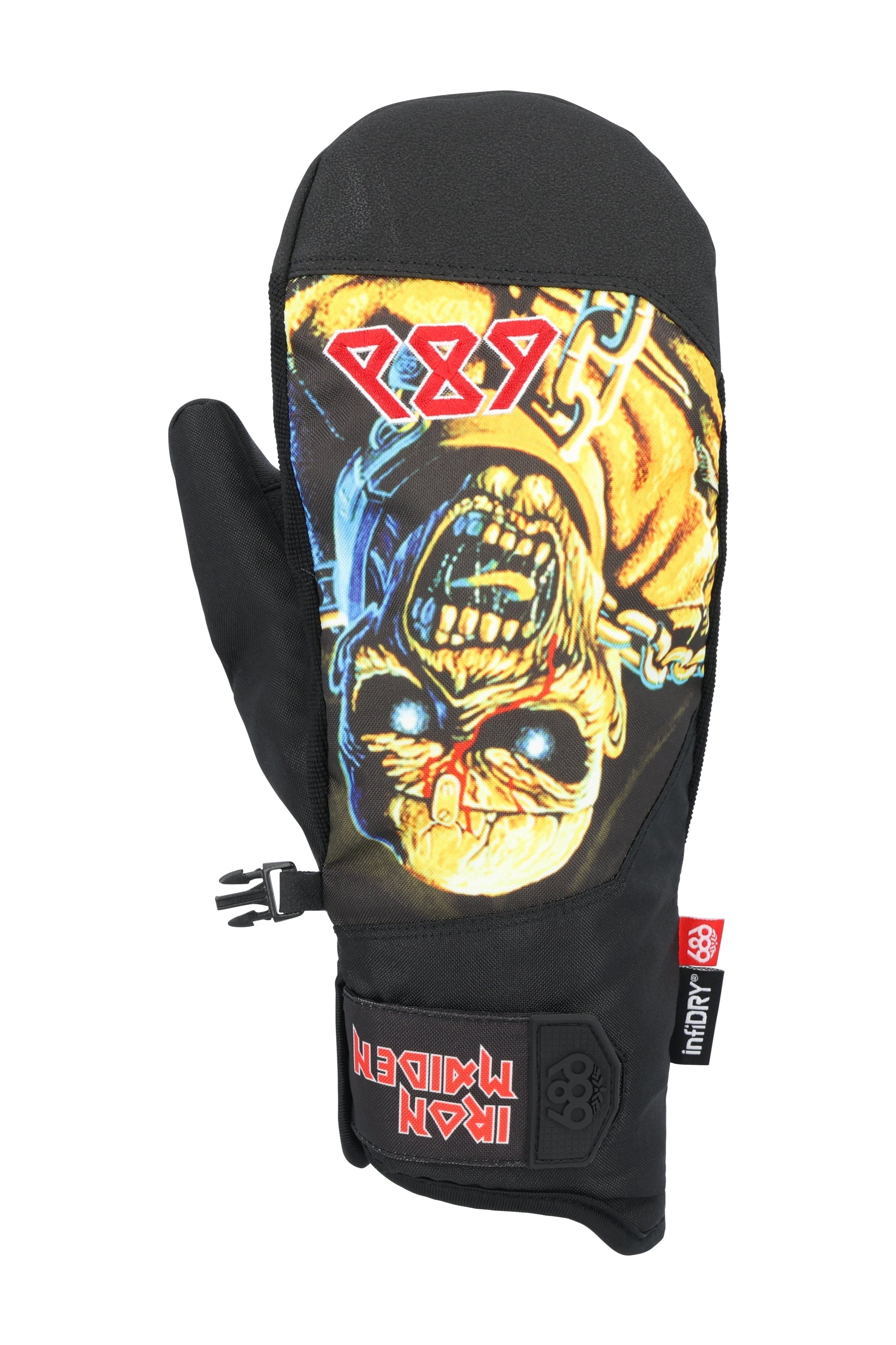 The 686 Primer Mitt 2025 has a black upper shell with a graphic of a man wearing goggles and a helmet on its front.