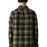 The 686 Men's Sierra Fleece Flannel 2025 is depicted in a dark green and black plaid pattern on a light background.