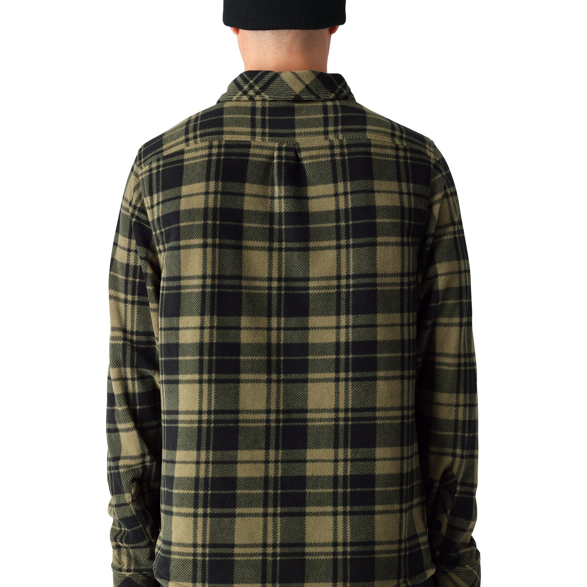 The 686 Men's Sierra Fleece Flannel 2025 is depicted in a dark green and black plaid pattern on a light background.