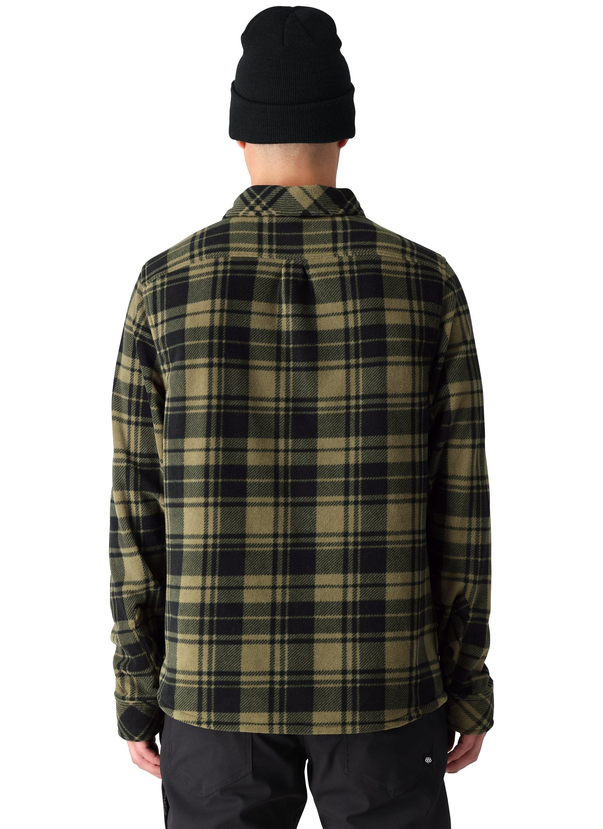 The 686 Men's Sierra Fleece Flannel 2025 is depicted in a dark green and black plaid pattern on a light background.