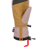 The 686 Team Merino Mitt has a tan-colored palm and back with black accents at the top and red trim around the wrist strap.