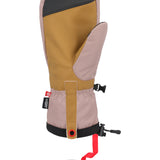 The 686 Team Merino Mitt has a tan-colored palm and back with black accents at the top and red trim around the wrist strap.