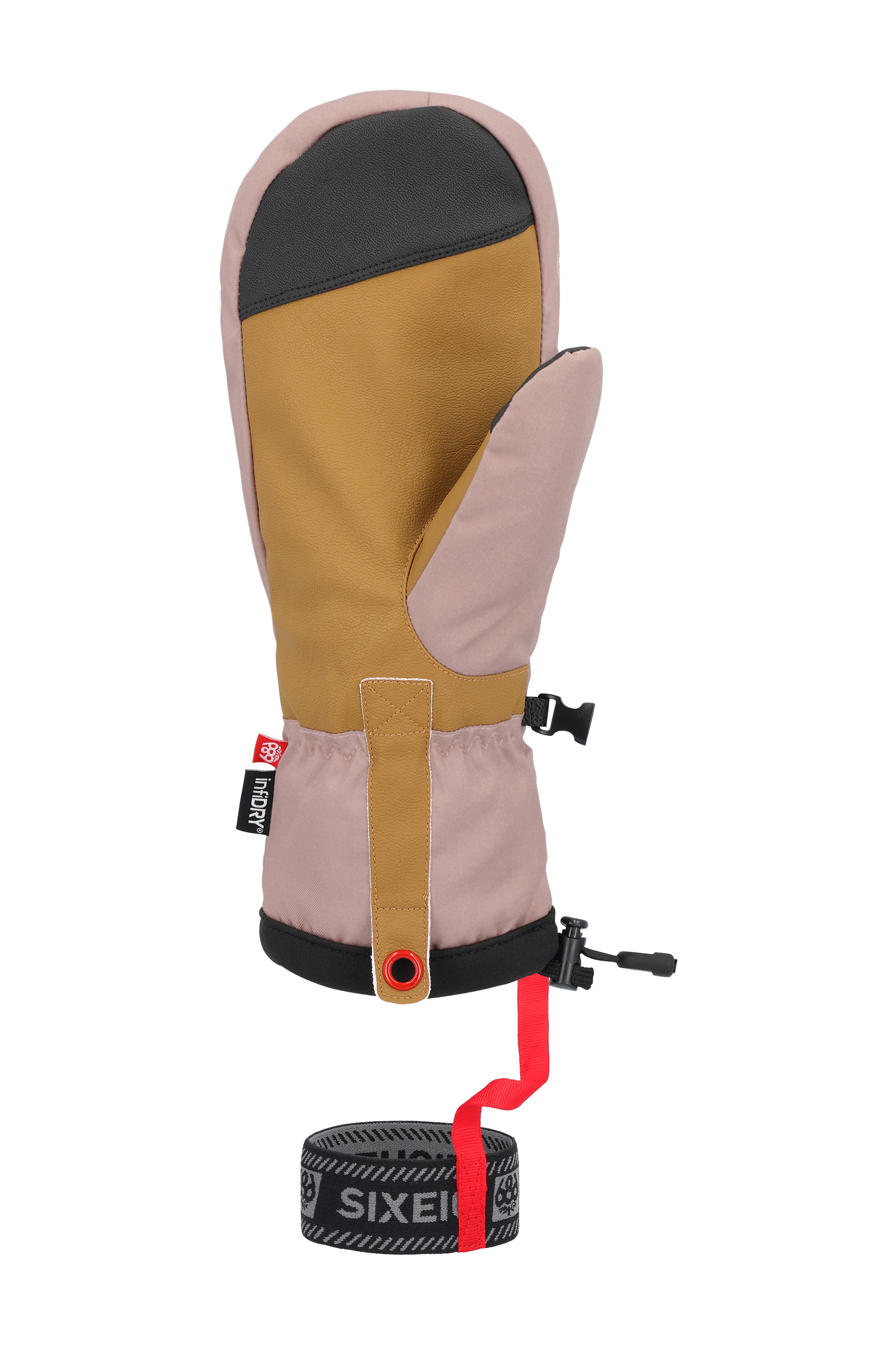 The 686 Team Merino Mitt has a tan-colored palm and back with black accents at the top and red trim around the wrist strap.