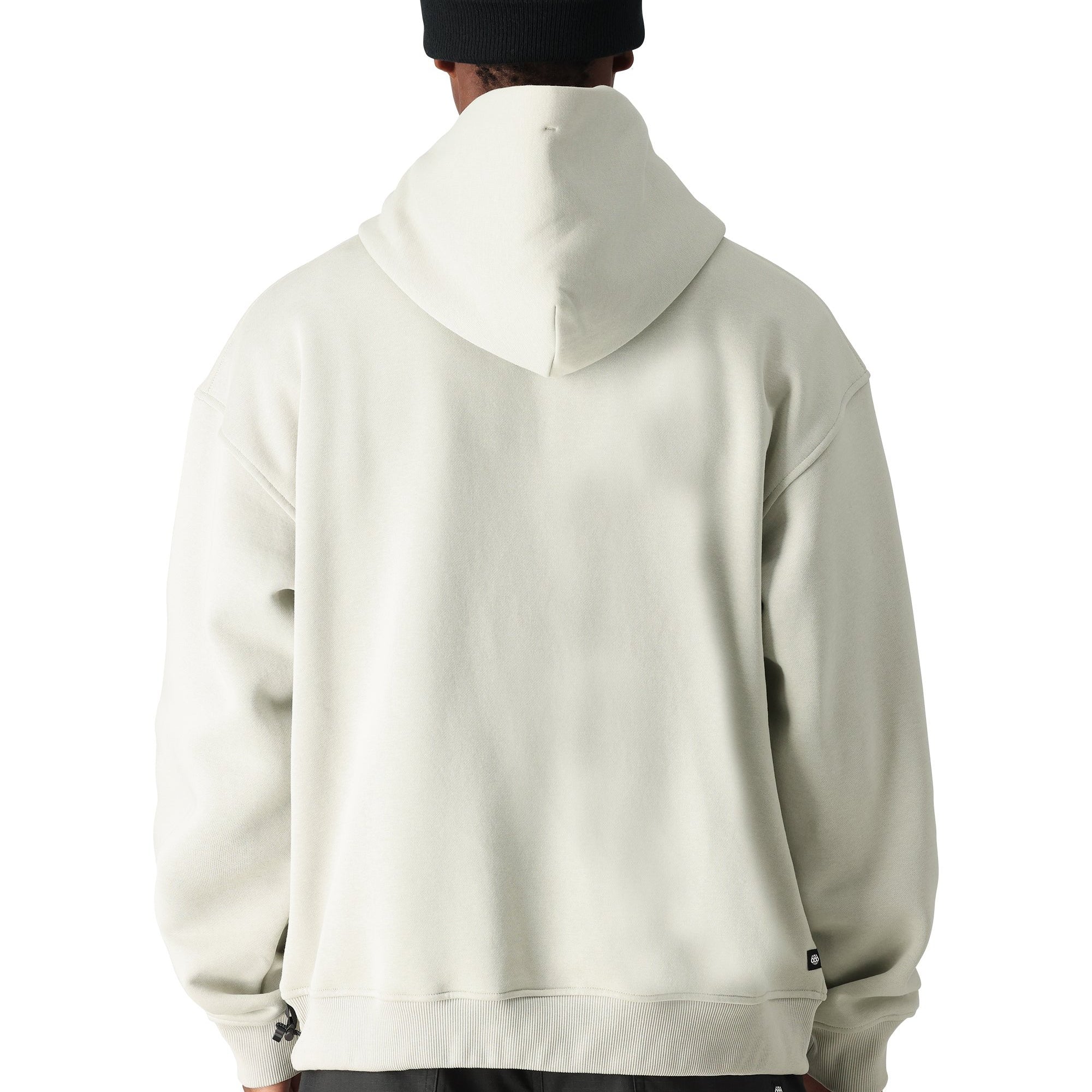The 686 Men's Vintage Premium Heavyweight Pullover Hoody 2025 is cream-colored with a large front pocket and drawstring hem.