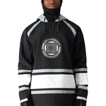 The 686 Waterproof Slapshot Hoody 2025 features a black and white color scheme with gray accents on the hood.
