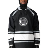The 686 Waterproof Slapshot Hoody 2025 features a black and white color scheme with gray accents on the hood.