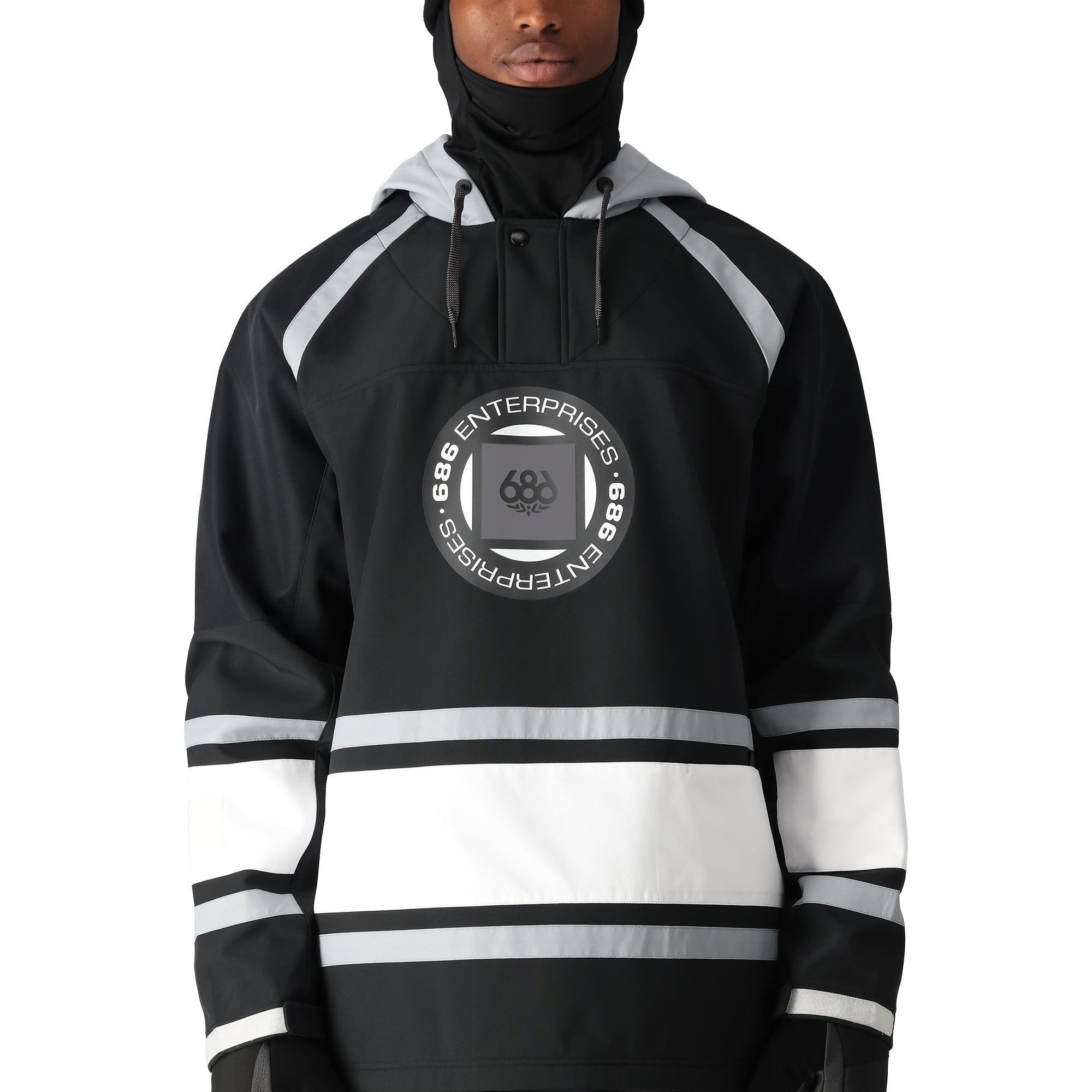 The 686 Waterproof Slapshot Hoody 2025 features a black and white color scheme with gray accents on the hood.